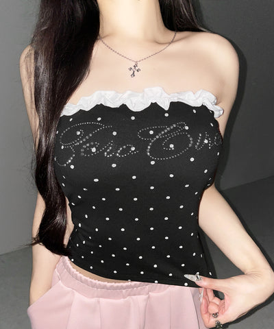 ラインストーンドットフリルベアトップス ／ Rhinestone dot frill bare tops
