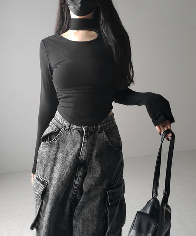 【 ２color 】カットアウトアシメチョーカーカットソートップス ／cutout asymmetry choker cutsew tops