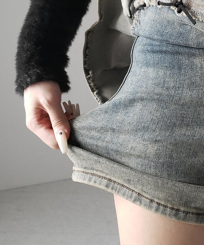 【 インパン裏地付 】ベルテッドマイクロプリーツデニムミニスカパン ／ belted micro pleats denim skirt pants