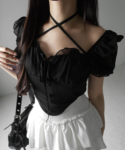 【 ２color ／ ２WAY 】フロントリボンクロスネック半袖シフォンブラウス ／ front ribbon cross neck short sleeve chiffon blouse