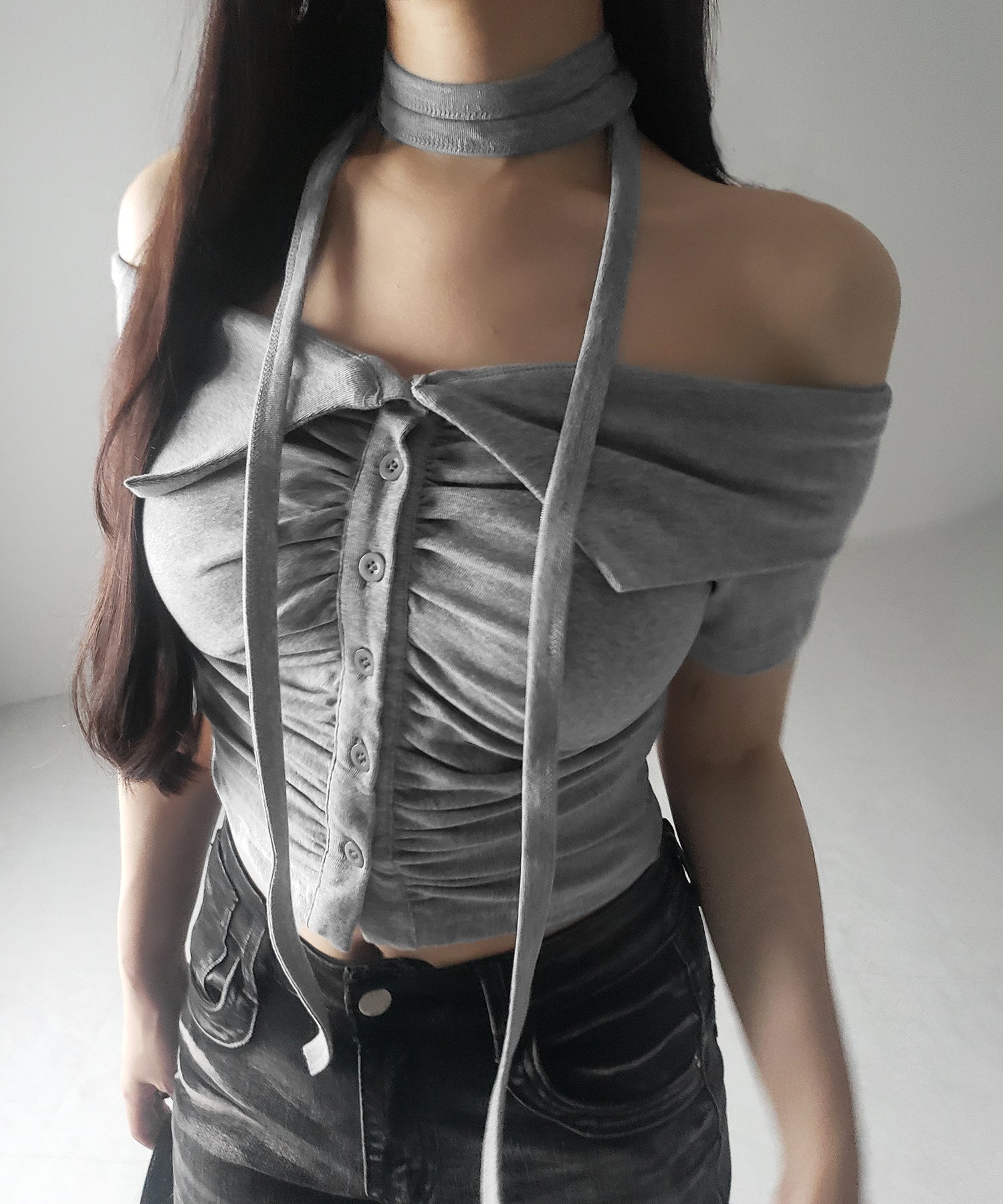 【チョーカーセット】【全3色】オフショルダーブラウス　クリーム ブルー ブラック 【off-y25040303top】(mja )(250411) チョーカーセット】【全3色】オフショルダーブラウス クリーム