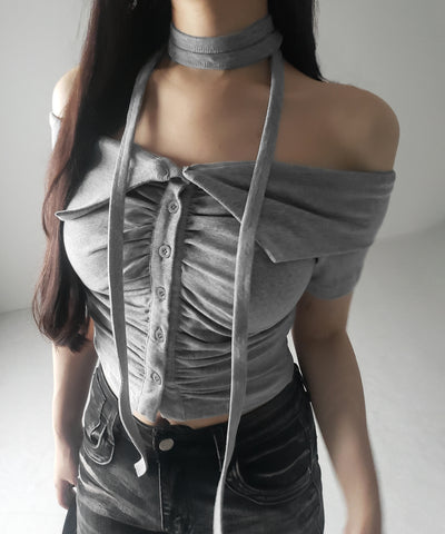 【 ３color 】チョーカーロングタイ付き　オフショルダータックギャザーＴシャツ ／ choker long tie SET offshoulder tuck gather slim T-shirt