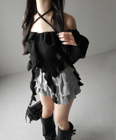 【 ２color 】クロスストラップリボンオフショルダーフリルブラウス ／ cross strap ribbon off shoulder frill blouse