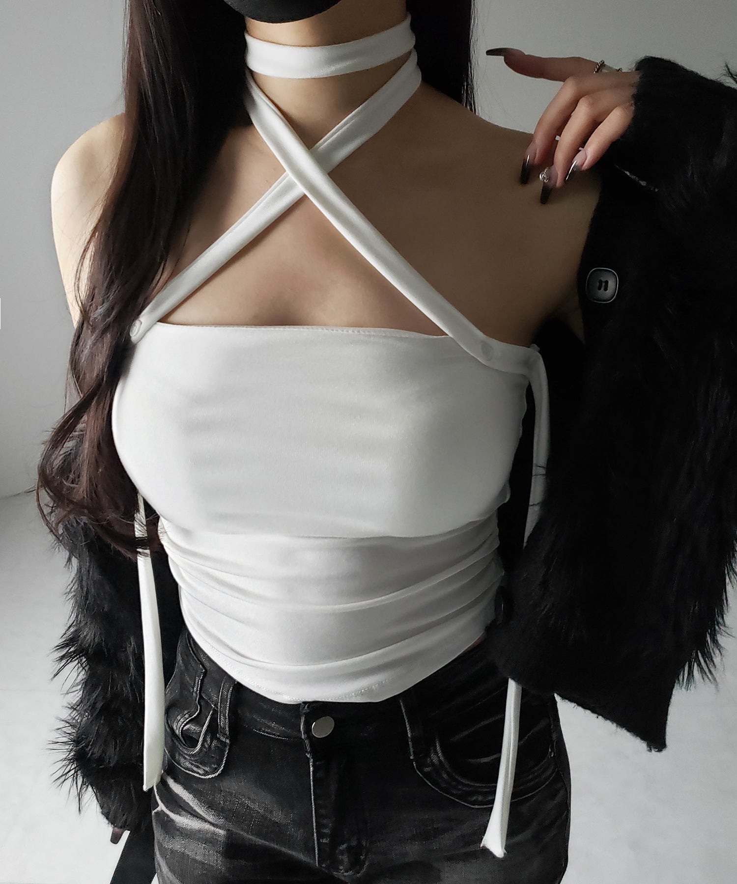 【 ３color ／ カップ付 】ロングチョーカークロスネックキャミソール ／ long choker cross neck camisole