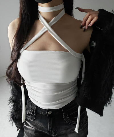 【 ３color ／ カップ付 】ロングチョーカークロスネックキャミソール ／ long choker cross neck camisole
