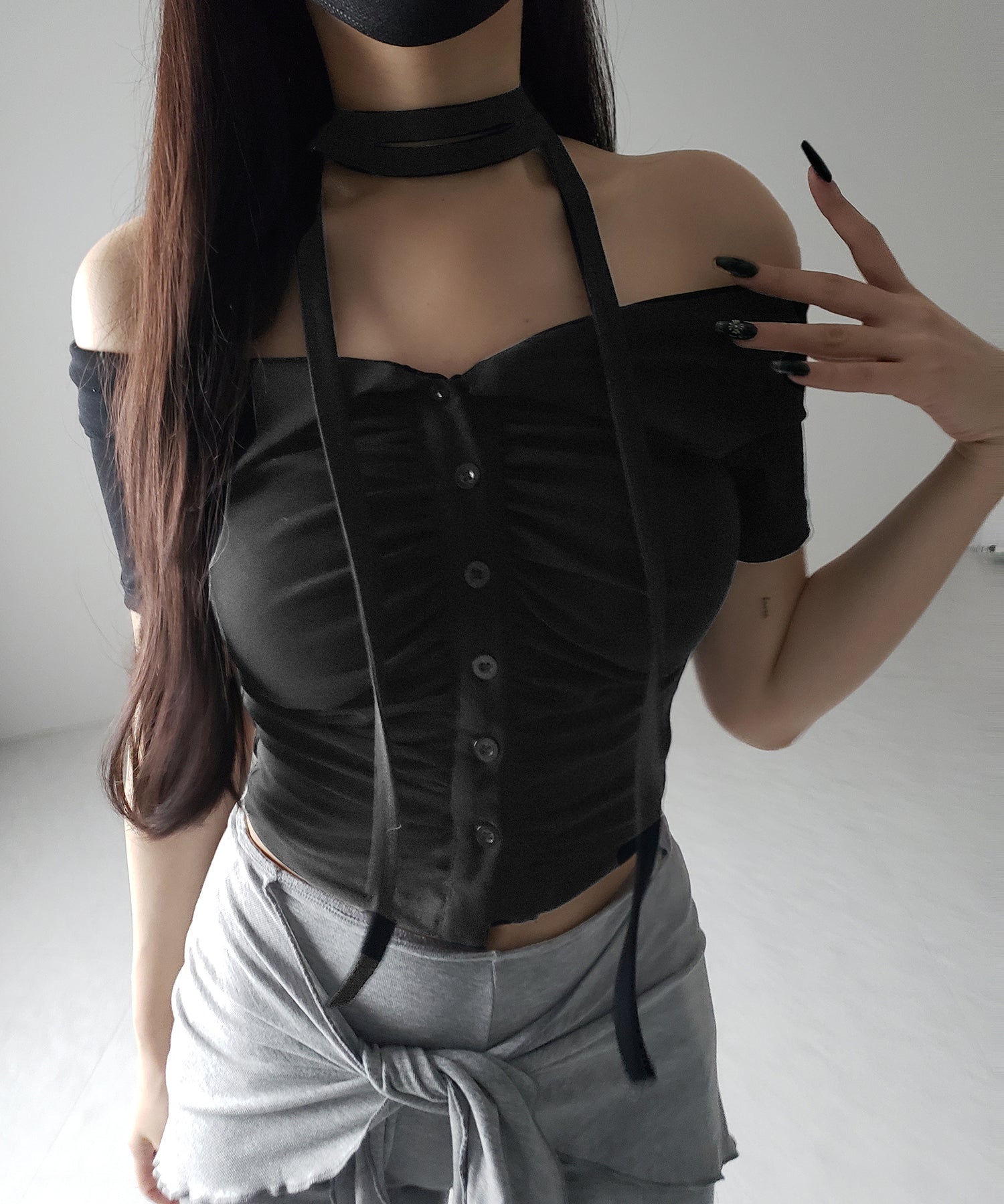 【 ３color 】チョーカーロングタイ付き　オフショルダータックギャザーＴシャツ ／ choker long tie SET offshoulder tuck gather slim T-shirt