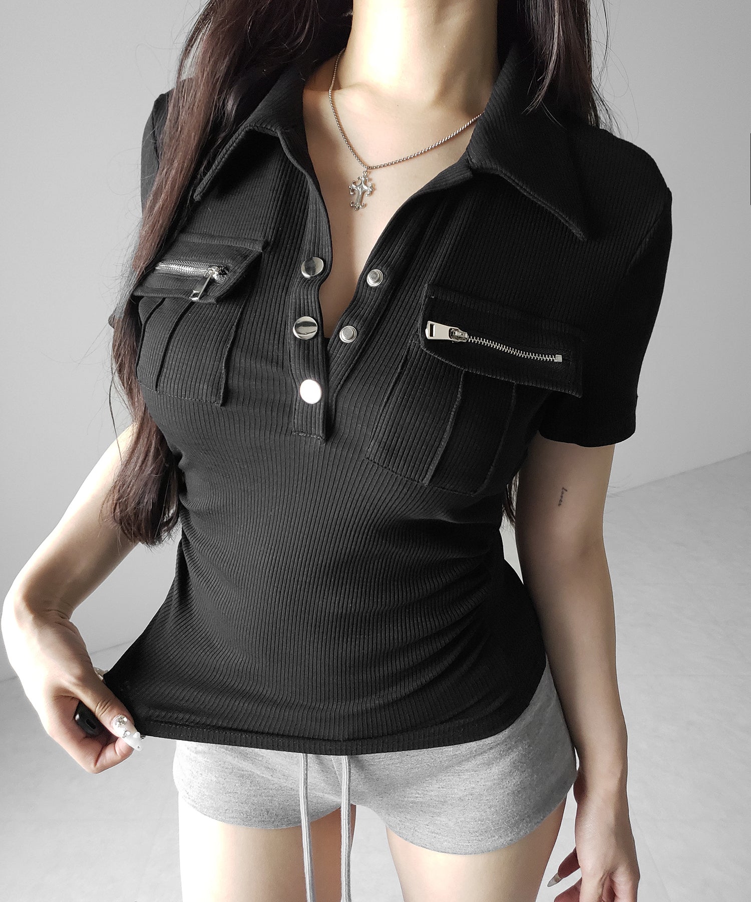 アウトポケットポロネックリブカットソートップス ／ out pocket polo neck rib cutsew tops
