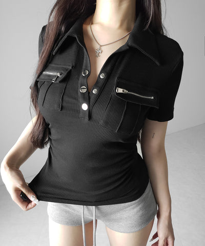 アウトポケットポロネックリブカットソートップス ／ out pocket polo neck rib cutsew tops