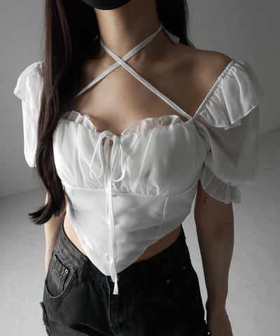 【 ２color ／ ２WAY 】フロントリボンクロスネック半袖シフォンブラウス ／ front ribbon cross neck short sleeve chiffon blouse