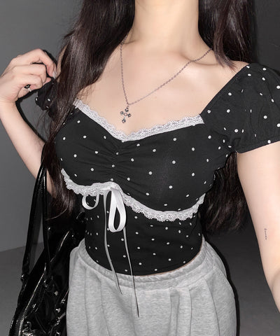 ドットレースリボンギャザーオフショルトップス ／ dot lace ribbon gathered off shoulder tops