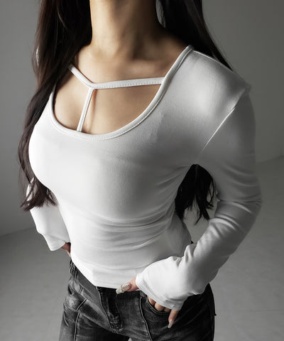 【 裏起毛 】カットアウトストラップスリムカットソートップス ／ cutout strap slim cutsew tops