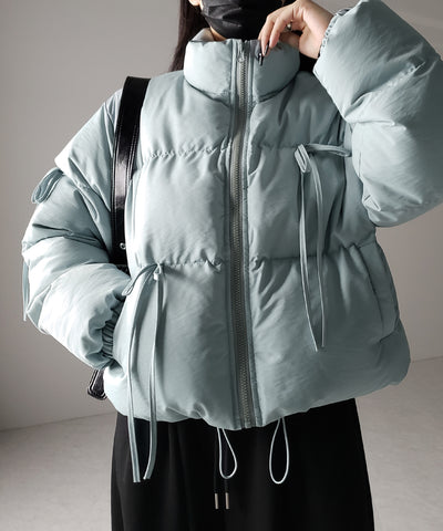 【 選べる３色展開 ／ 裾絞り可能２WAY 】ストラップリボンショートパフダウンジャケット ／ strap ribbon short puff down jacket
