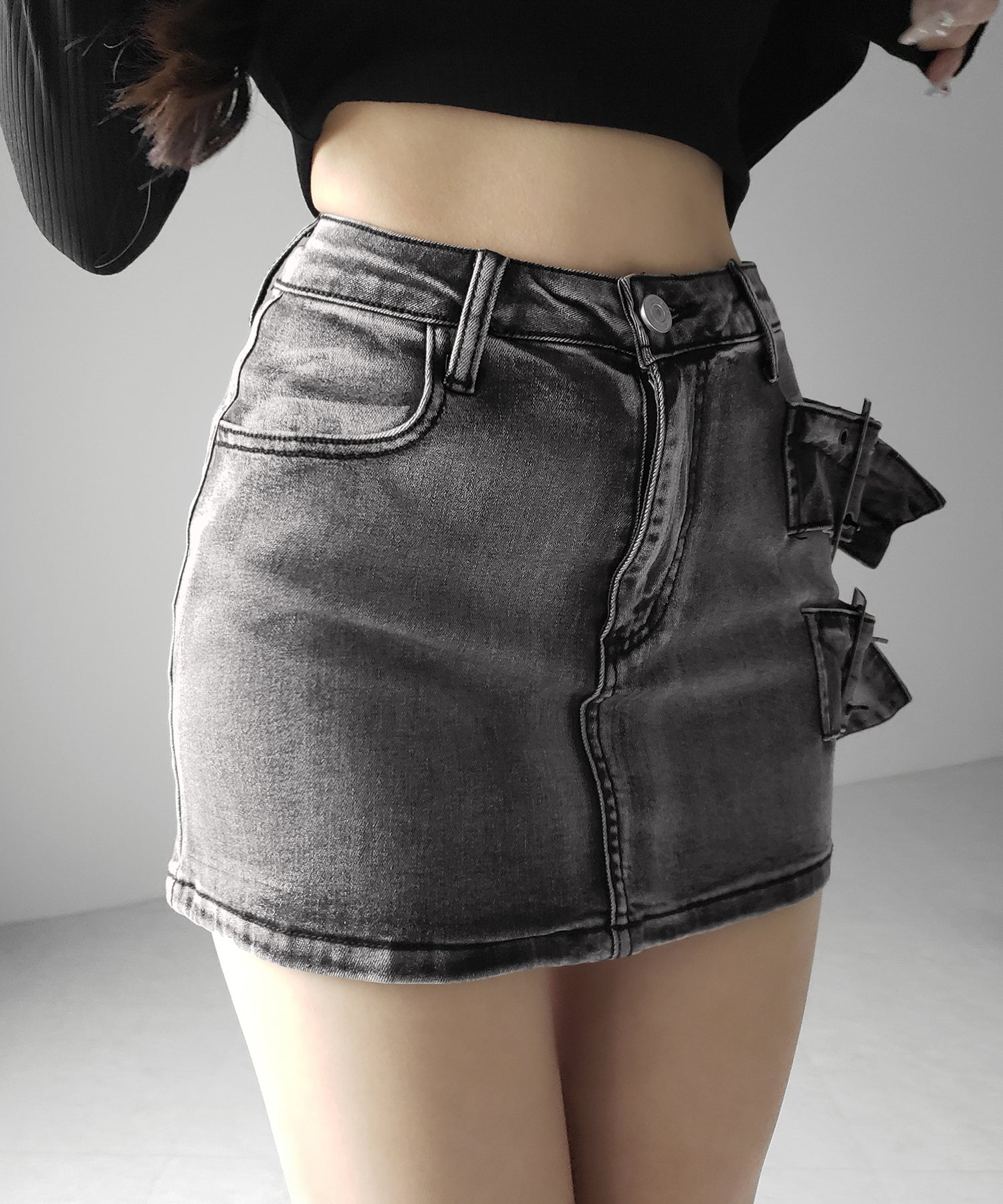 【 インパン裏地付 】ダブルハトメベルトヴィンテージデニムミニスカート ／ Double eyelet belt vintage denim mini skirt