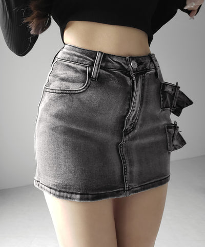 【 インパン裏地付 】ダブルハトメベルトヴィンテージデニムミニスカート ／ Double eyelet belt vintage denim mini skirt