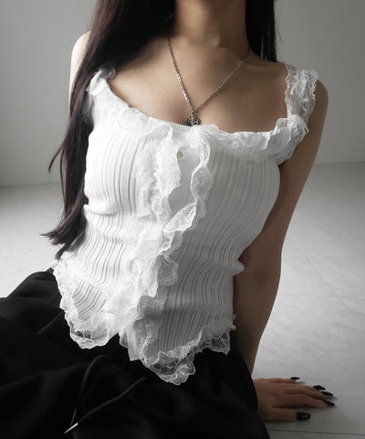 【 ２color 】レースフリルドッキングリブニットキャミタンク ／ lace frill docking lib knit cami tank