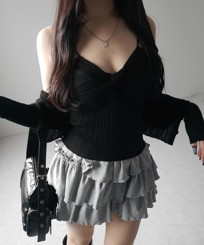 【 2点セット 】ツイストリブニットキャミソール ＋シアーリブショートカーディガン SET ／ twisted rib knit camisole + sheer rib short cardigan SET