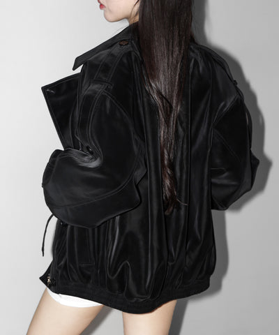 ヴィンテージフェイクレザーベルテッドジップアップオーバーブルゾン ／ Vintage fake leather belted zipup over blouson
