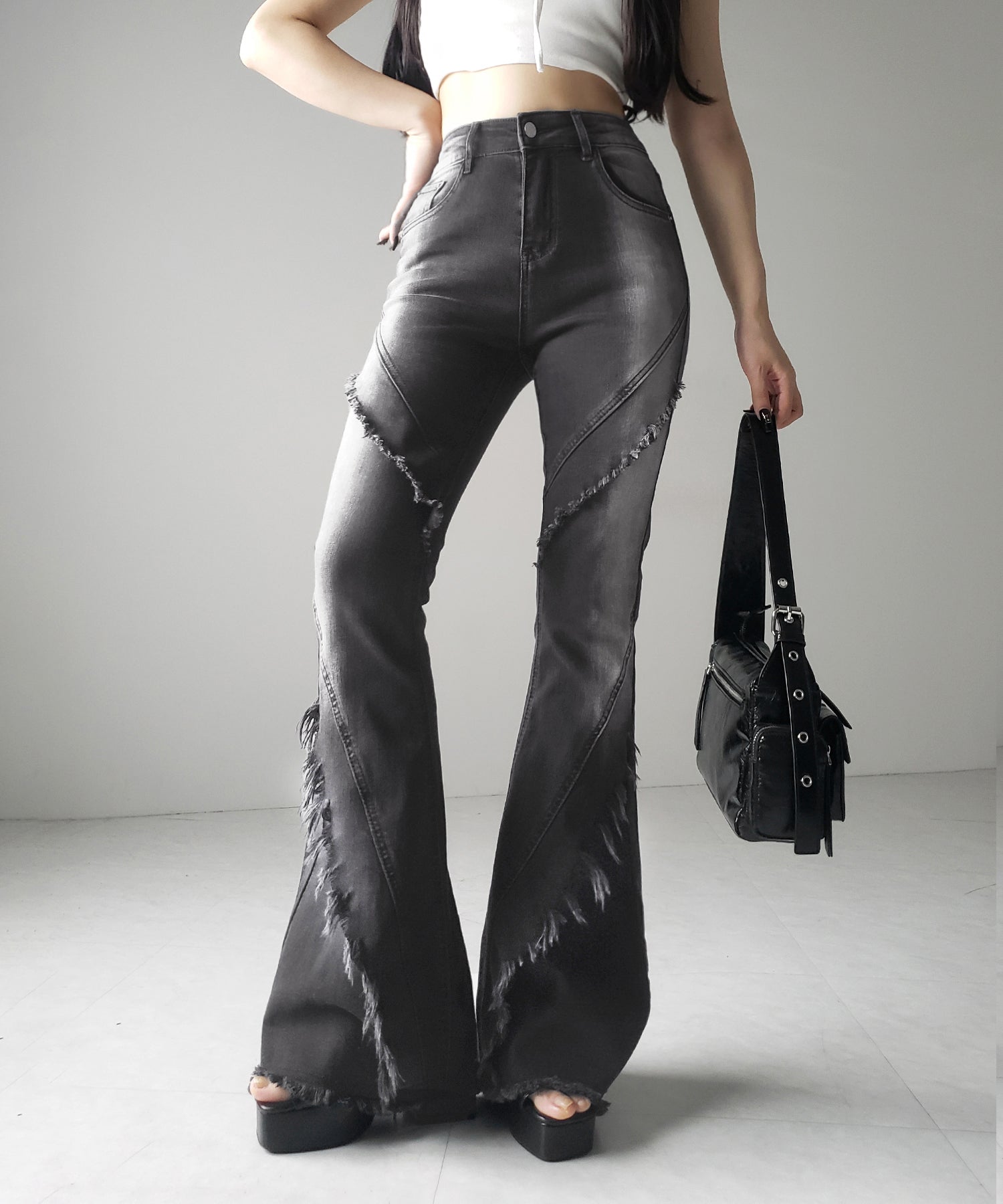 【 ２color ／ ４size 】フリンジデザインヴィンテージライクストレッチフレアデニム ／ fringe design vintage-like stretch flare denim