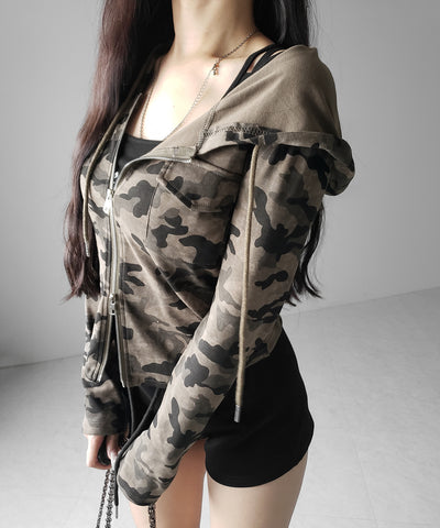 ヴィンテージカモフラダブルジップカットパーカー ／ vintage camouflage double zip cut hoodie