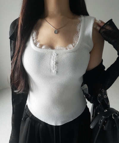 【 ２color 】スクエアネックレースニットタンクトップ ／square neck lace knit tank top