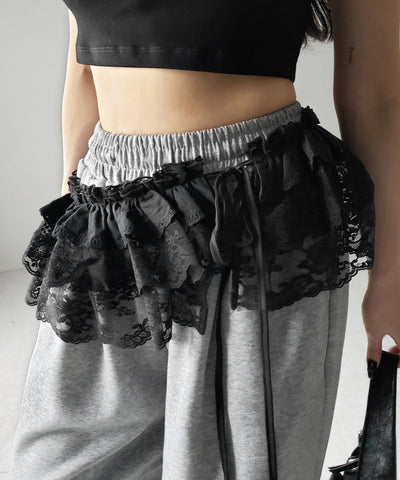 【 ２color 】ストラップリボンレースフリルミニ巻きスカート ／ strap ribbon lace frill mini wrap skirt