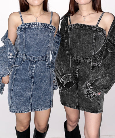 【 セットアップ着用可能 】ヴィンテージケミカルブリーチストラップデニムキャミワンピース ／ vintage chemical bleach strap denim cami onepiece