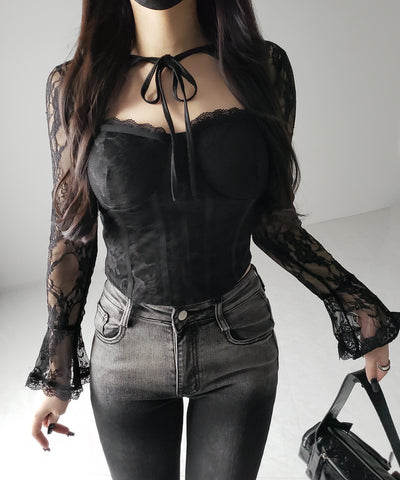 【 ２color 】チョーカーネックリボンコルセットレーストップス ／ choker neck ribbon corset lace tops