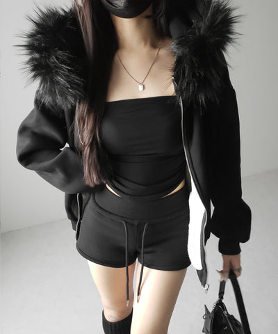 【 セットアップ 】裏起毛ファーフードオーバージップパーカー＆スウェットショートパンツ ／ Urakimo fur over zip hoodie ＆ sweat short pants SETUP