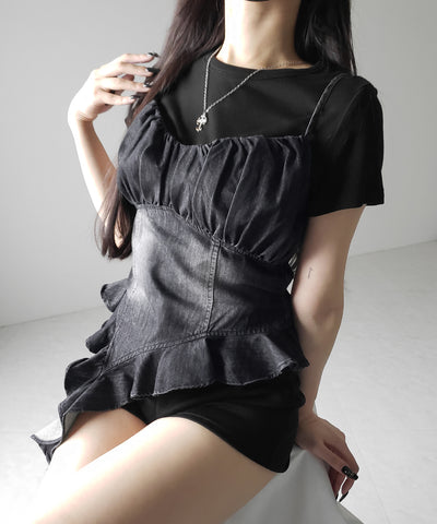 【 ２点セット 】ヴィンテージデニムビスチェ ＆ 半袖レイヤードＴシャツセット ／ vintage denim bustier & short sleeve layered Ｔ-shirts set