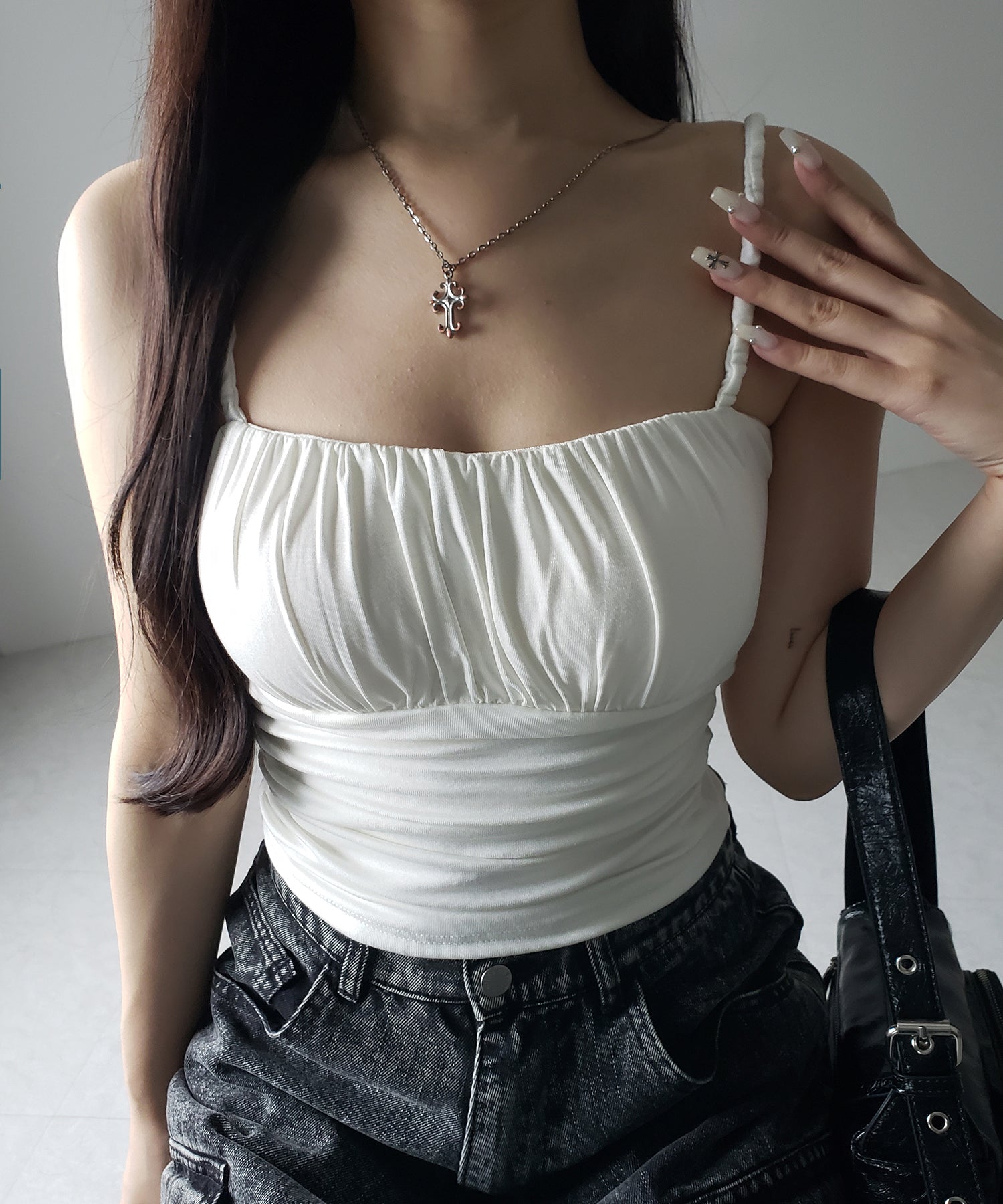 【 ３color ／ カップ付き 】シャーリングギャザードレープキャミソール ／shirring gather drape camisole