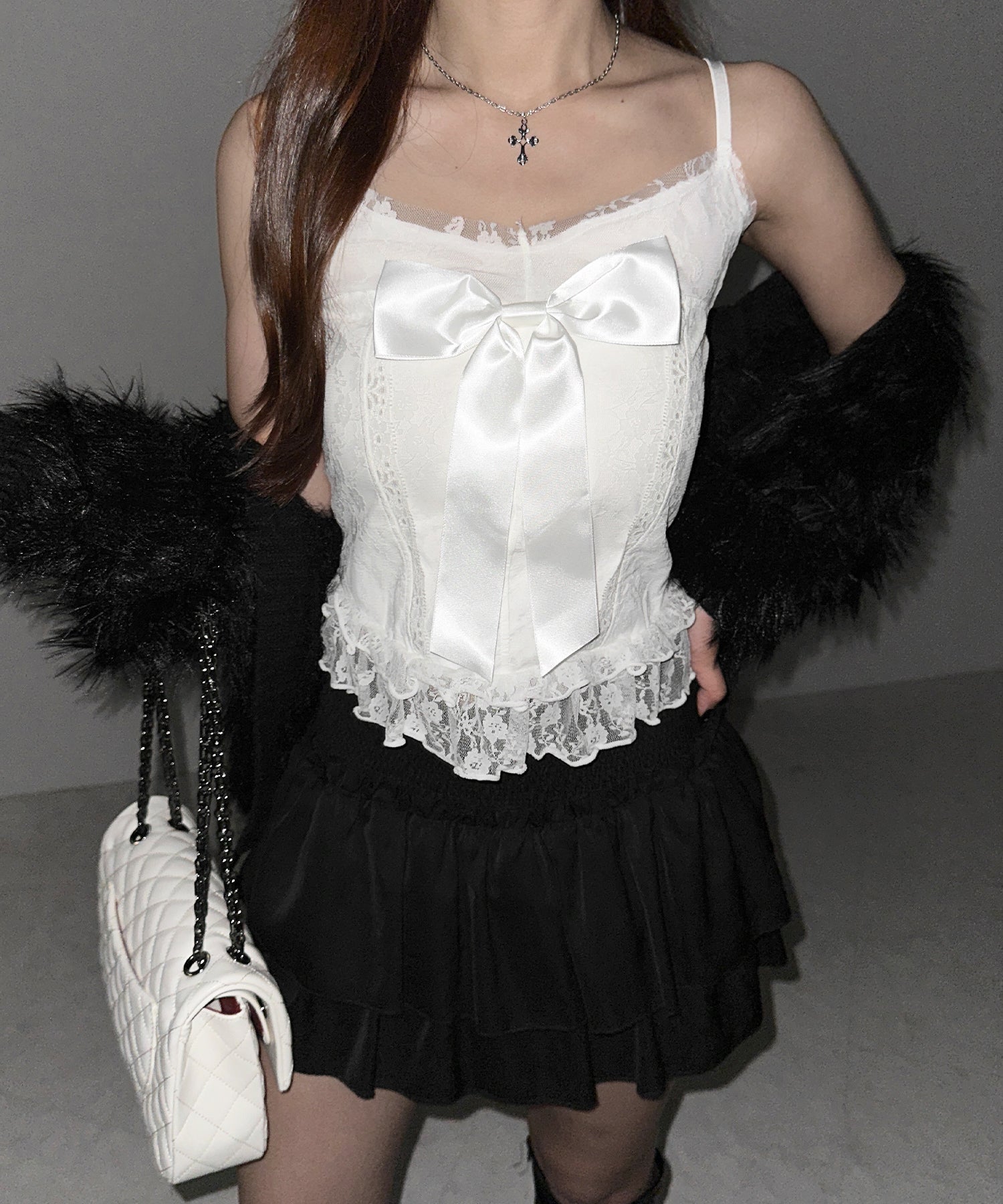 フロントサテンリボンレースキャミビスチェ ／ front satin ribbon lace cami bustier
