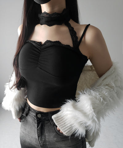 【 ２color ／ カップ付 】レースチョーカーストラップリブキャミソール ／ lace choker strap lib camisole