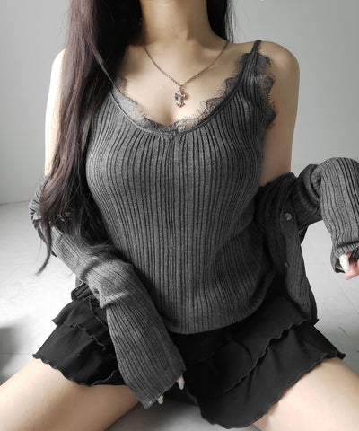 【 ２点セット 】レースニットキャミソール ＋ シアーニットカーディガン SET ／ lace knit camisole + sheer knit cardigan SET