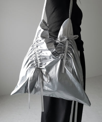 【 ２color 】シャーリングリボンメタリックトートバッグ ／ shirring ribbon metallic tote bag