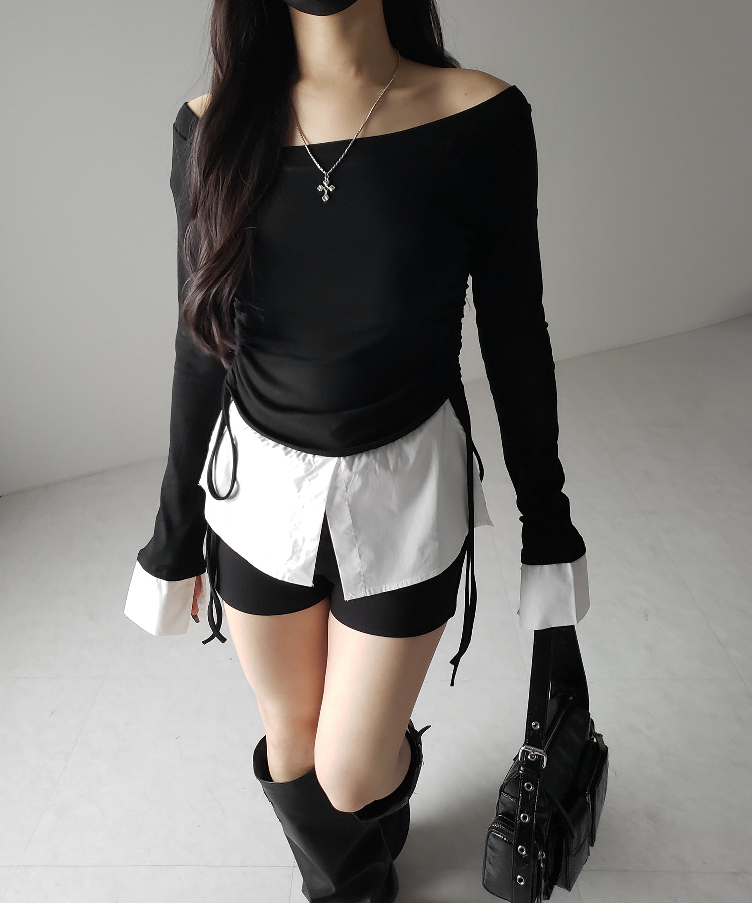 【 ２color ／ ２WAY 】シャツドッキングサイドリボンワンショルトップス ／shirt docking side ribbon oneshoulder tops