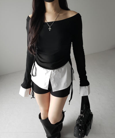 【 ２color ／ ２WAY 】シャツドッキングサイドリボンワンショルトップス ／shirt docking side ribbon oneshoulder tops