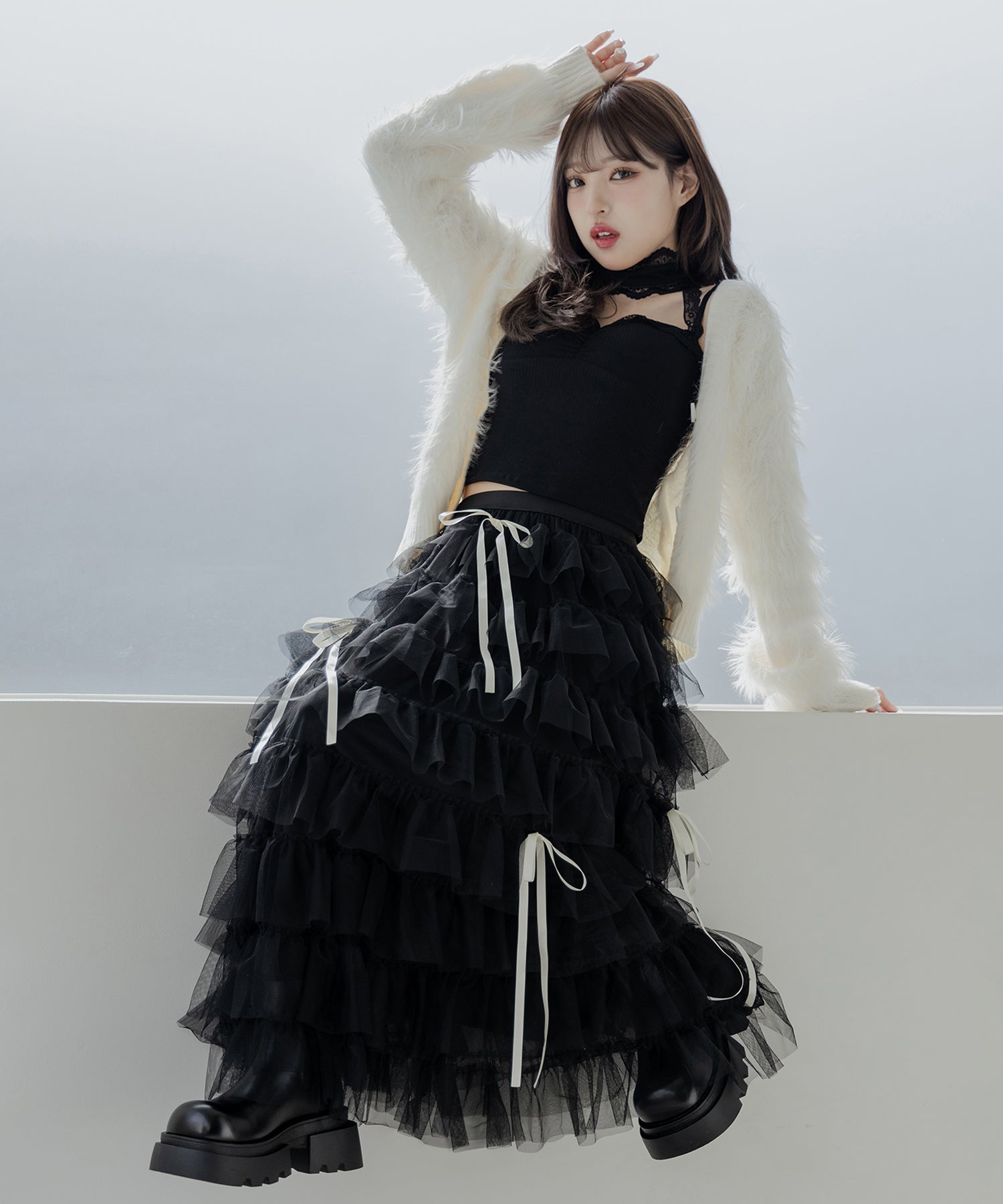 【 ４color 】ストラップリボンバレエコアチュールスカート ／strap ribbon ballet core tulle skirt
