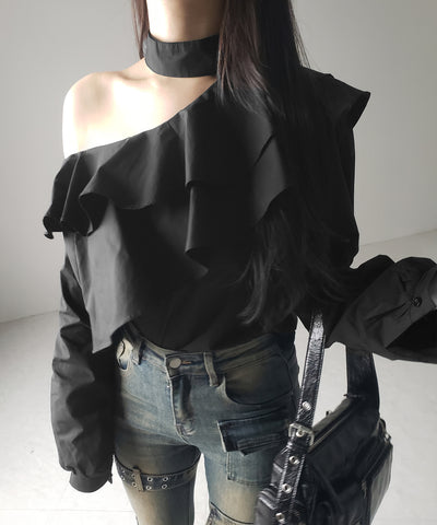【 ２color 】チョーカーフリルワンショルダーブラウス ／ choker frill one shoulder blouse