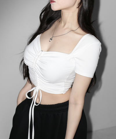【クロスネックにできる2WAY 】フロントシャーリングリボン半袖ショートＴシャツ ／2WAY front shirring ribbon short sleeve short T-shirt