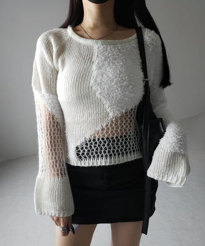 【 ２color 】異素材ドッキングスカシアミニットトップス ／ mixed material docking openwork knit tops