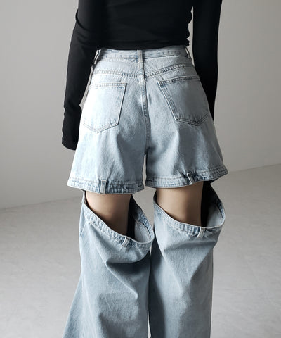 【 選べる３サイズ 】バックオープンカットアウトウォッシュワイドデニム ／ Back open cutout washed wide denim