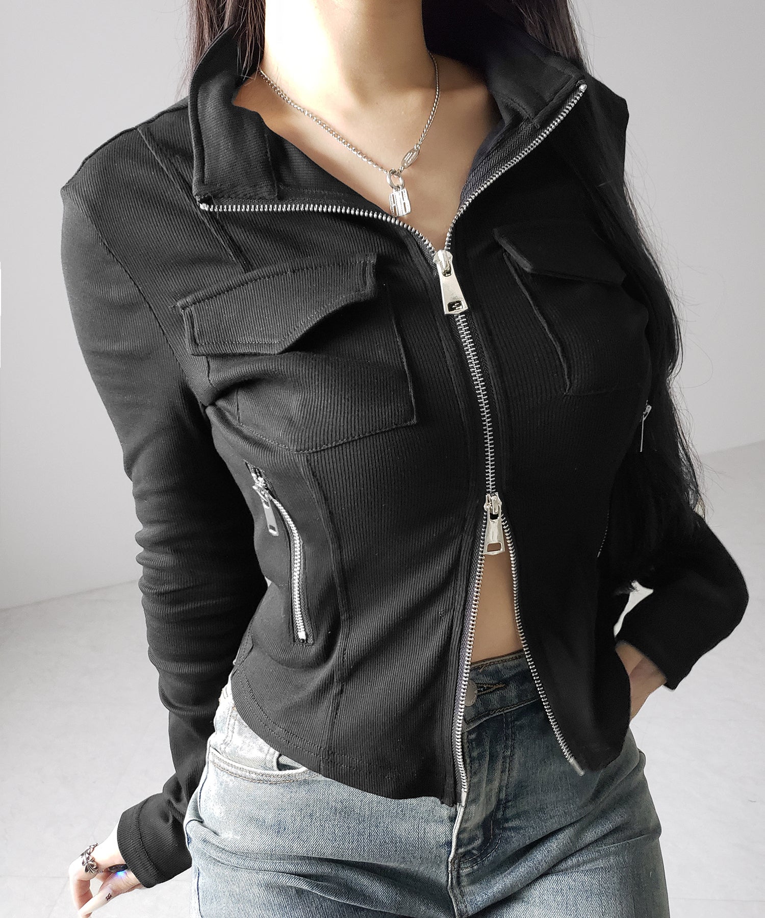 アウトポケットダブルジップスリムリブトップス ／ out pocket double zip slim ribbed tops