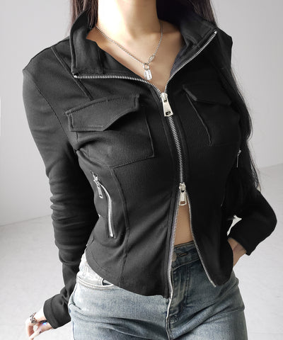 アウトポケットダブルジップスリムリブトップス ／ out pocket double zip slim ribbed tops