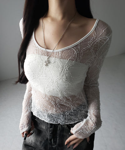 【 ２color ／２WAY 】ワンショルルーズシアーレーストップス ／ one shoulder loose sheer lace tops