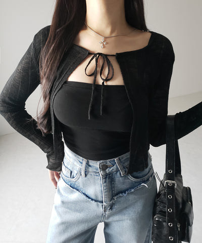 【 ２color 】フロントリボンシアーニットショートカーディガン ／ front ribbon sheer knit short cardigan