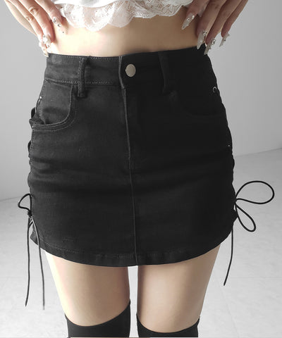 レースアップストレッチデニムミニスカパン ／ lace up stretch denim mini skirt pants