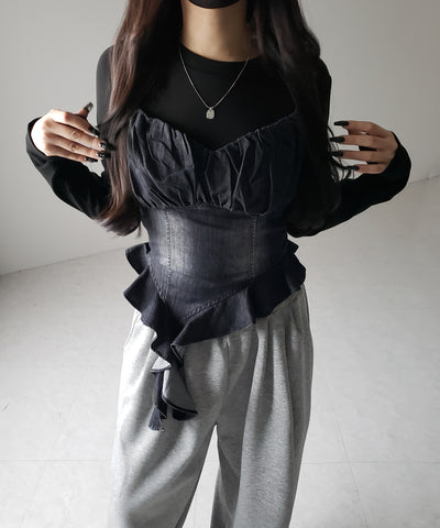【 ２点セット 】ヴィンテージデニムビスチェ ＆ レイヤードＴシャツセット ／ vintage denim bustier & layered Ｔ-shirts set