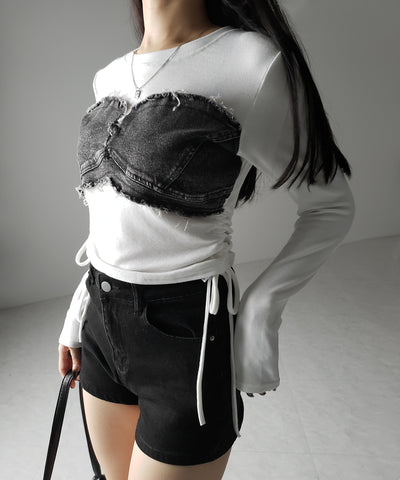 【 ２color 】サイドリボンダメージデニムドッキングＴシャツ ／ side ribbon damage denim docking Tee