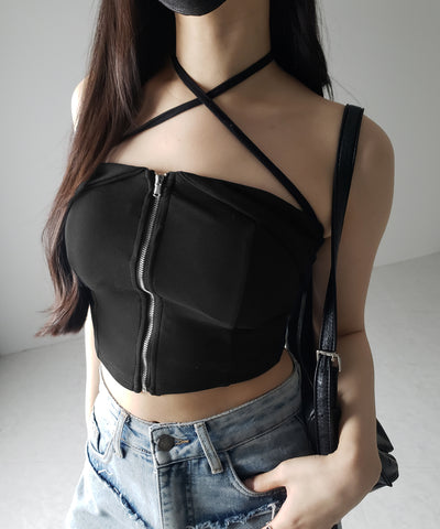 【 ２WAY／ カップ付 】ジップアップクロスストラップリボンベアトップス ／ zip up cross strap ribbon bare tops