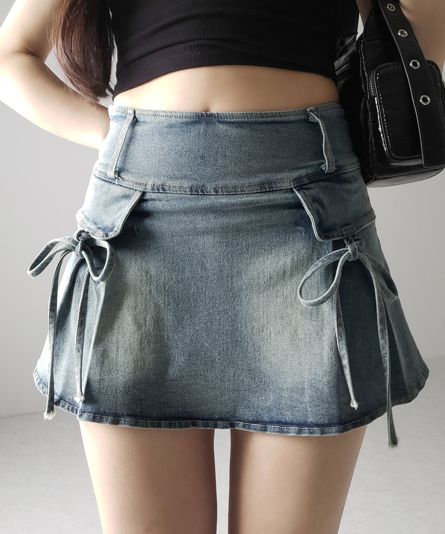 【 ２color ／ ３size 】ヴィンテージライクリボンデニムミニスカパン ／ vintage like ribbon denim mini skirt pants